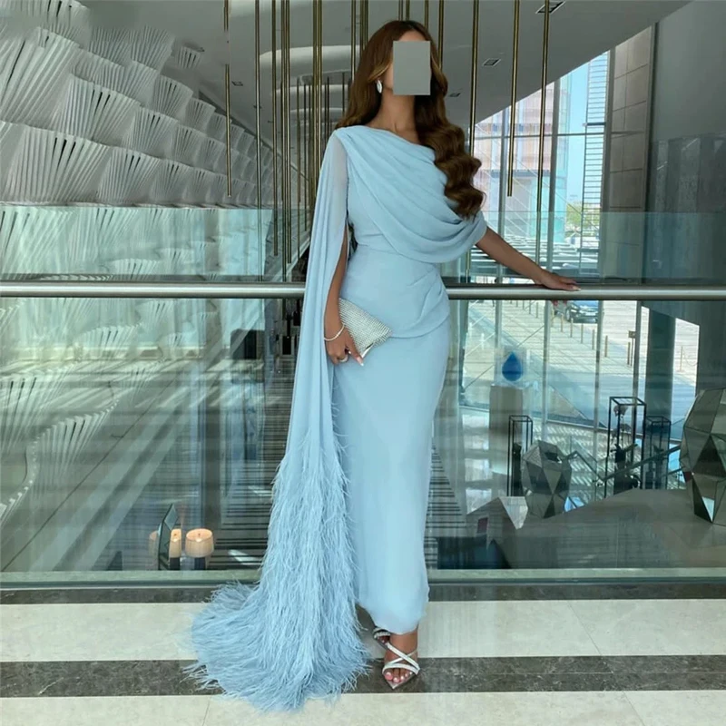 

Elegant Long Light Blue Pleated Evening Dresses Chiffon فساتين Mermaid Floor Length Formal Party Dress With Feathers For Women