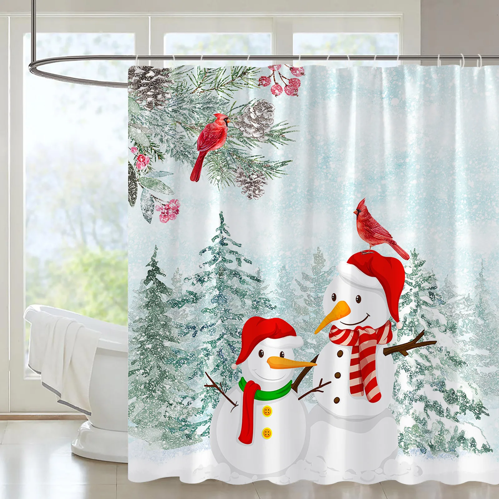 

Christmas Shower Curtain Pine Tree Cedar Forest Snowman Red Bird Winter New Year Festivals Bath Decor Fabric Bathroom Curtain