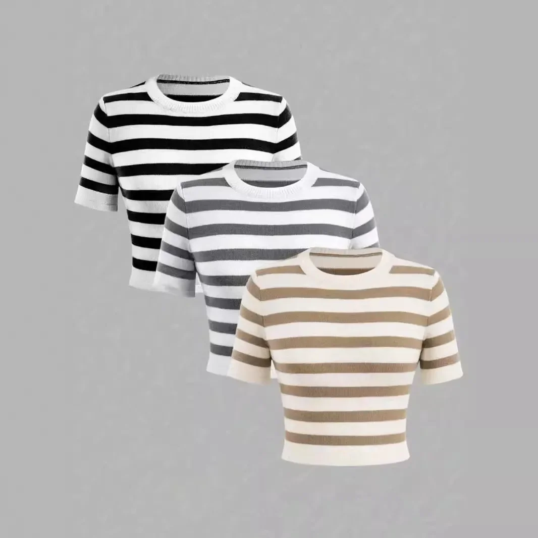 Укороченный вязаный топ с круглым вырезом и короткими рукавами комплект из трех