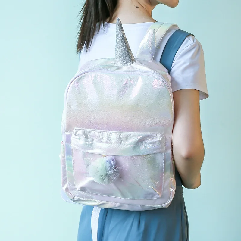 Carton School Bags Pu Woman Backpack Polyester Waterproof Book Bag For Girl Teenager  With Pom BallCausal Travel Backpacks 14''