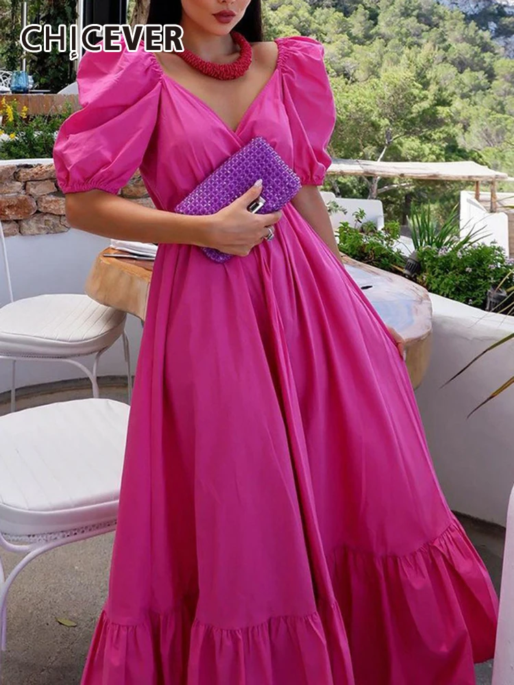 

CHICEVER Temperament Formal Dresses For Women V Neck Puff Sleeve High Waist Tunic Crisscross Folds A Line Pleated Dress Female