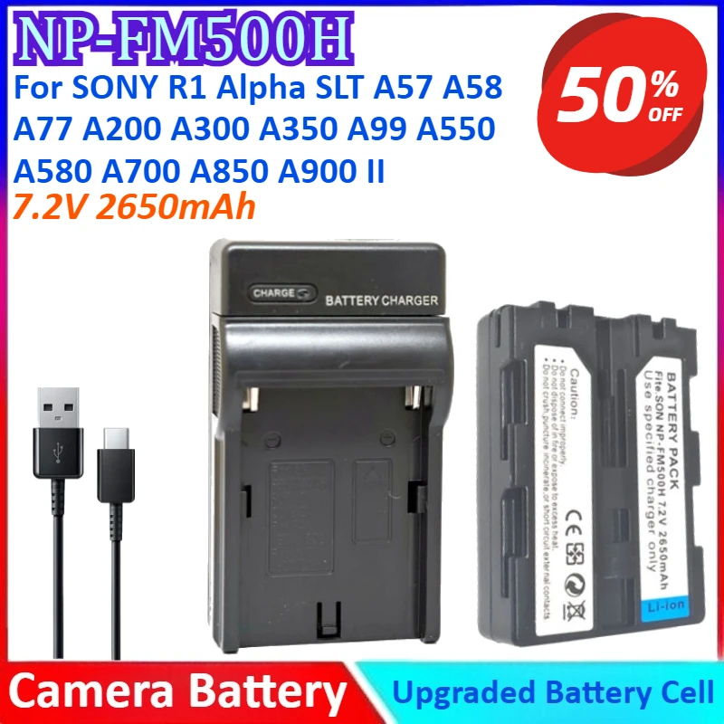 Фото NP-FM500H 7,2 В 2650 мАч Аккумулятор для камеры + зарядное устройство для SONY R1 для Alpha SLT A57 A58 A65 A77 A200 A300 A350 A99 A550 A560 A580 A700 №1