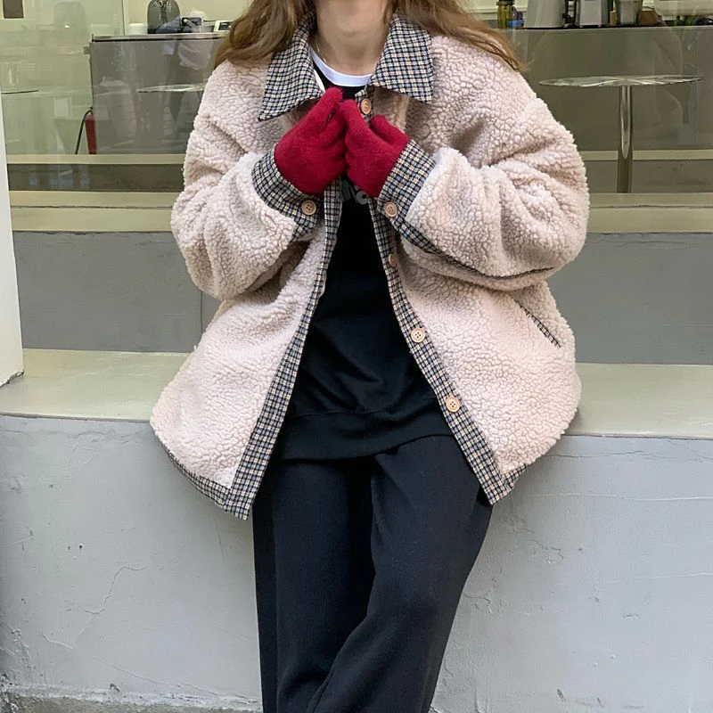 Vintage Stitching Lamb Fur Women's Coat Loose Fashion Thick Warm Women Cotton Padded Clothes Casual Ladies Winter Outerwear 2022