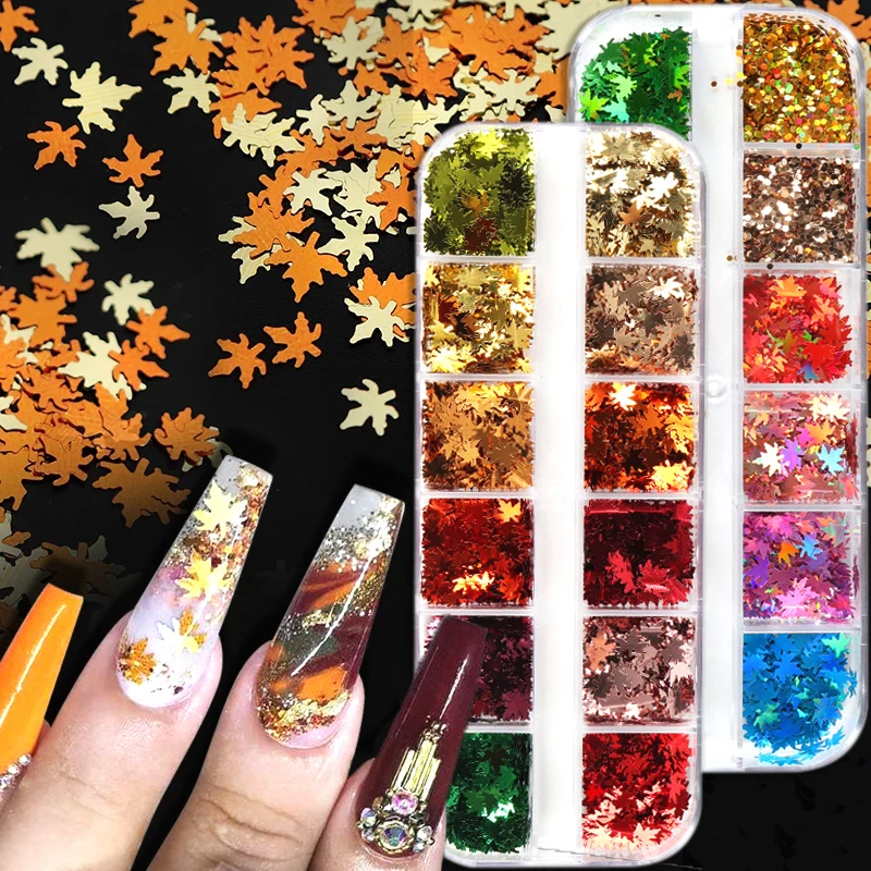 

12 Grids Orange Maple Leaves Nail Glitter Sequins Mixed Holographic Laser Fallen Leaf Flakes DIY Autumn Nail Art Decorations
