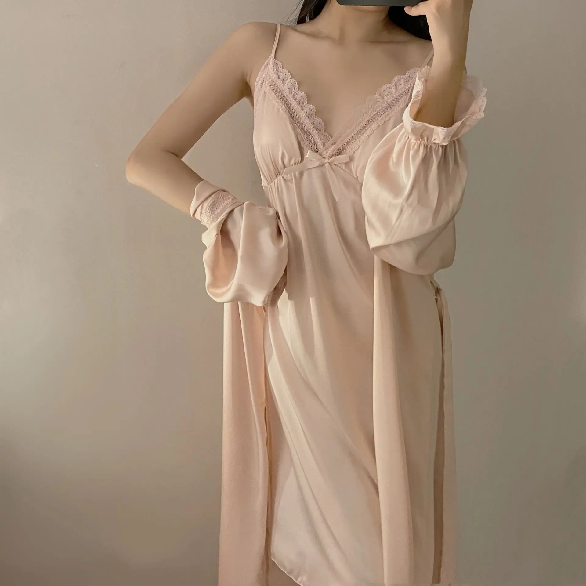 

Summer Courtly Style Sexy Satin Robe Nightdress 2PCS Sleepwear Bride Birdesmaid Homewear Kimono Bathrobe Nightgown