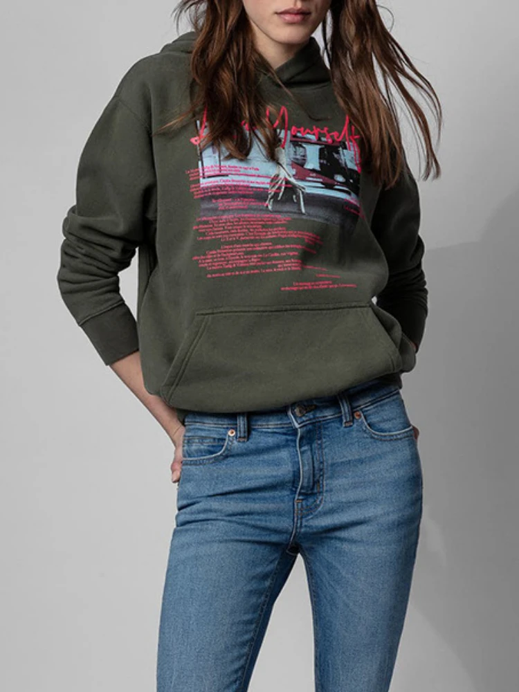 

2022 Autumn New Zaidi Hoodie Letter Printed Fleece Army Green Women Casual Long Sleeve Hooded Sweatshirt