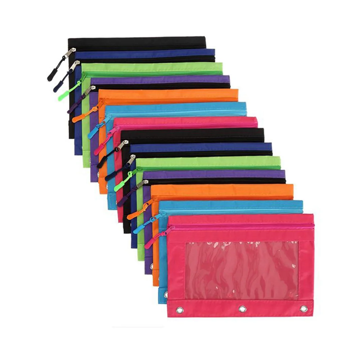 Pouch With Zipper Pulls, Pencil Case Enforced 3 Ring For School, Office, 14 Pack 7 Colors