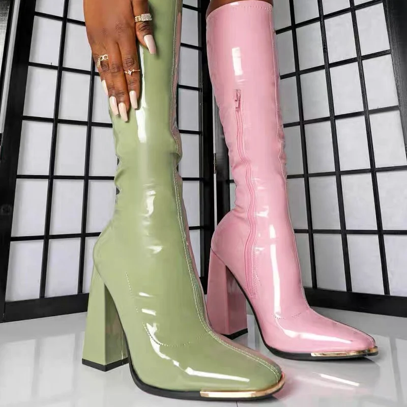 

Pink Boots Black Chunky Platform Shoes Autumn Patent Leather Knee High Boots Women Square Toe High Heels Designer Shoes
