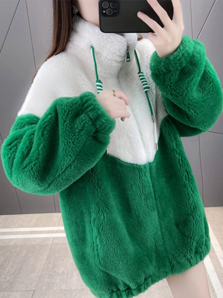 

Женская длинная куртка из натурального меха, двухцветная теплая свободная уличная куртка из натуральной шерсти с прострочкой, зима 2023