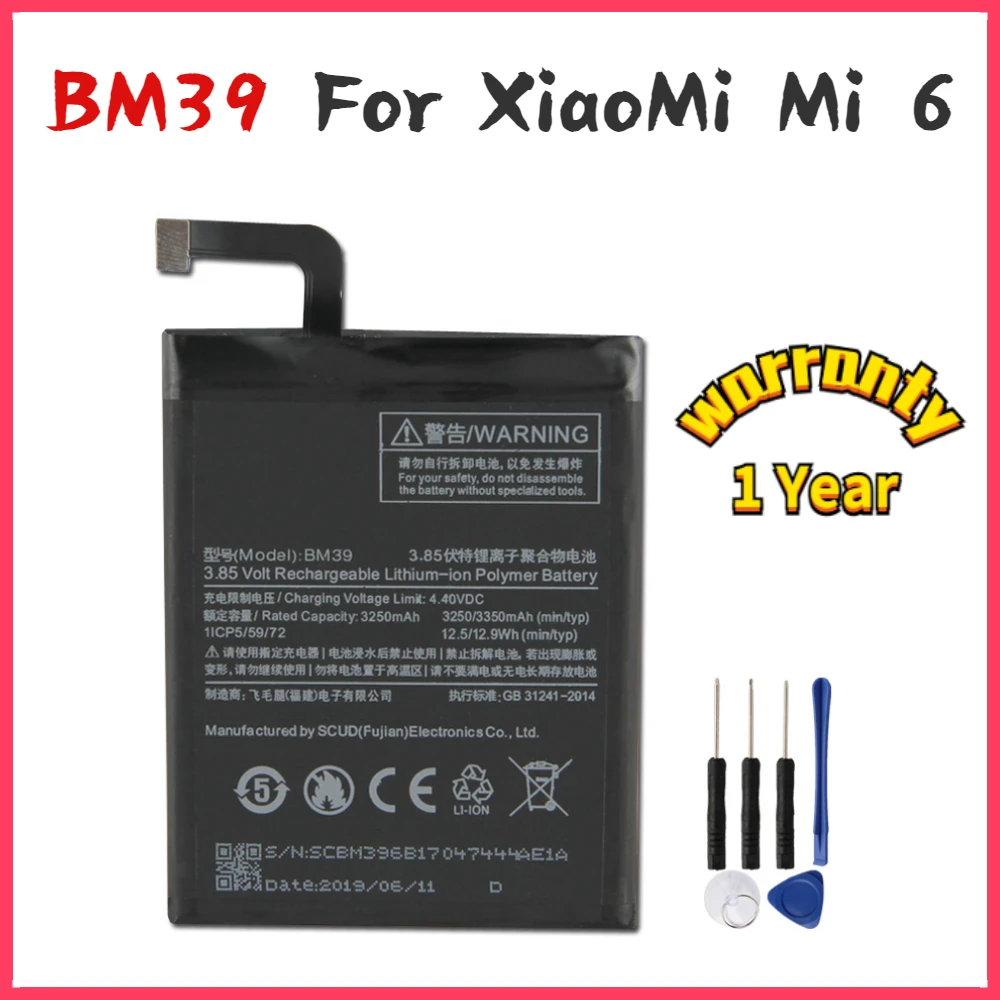 

New yelping BM39 Phone Battery For Xiaomi mi 6 Mi6 Battery Compatible Replacement Batteries 3250mAh Free Tools