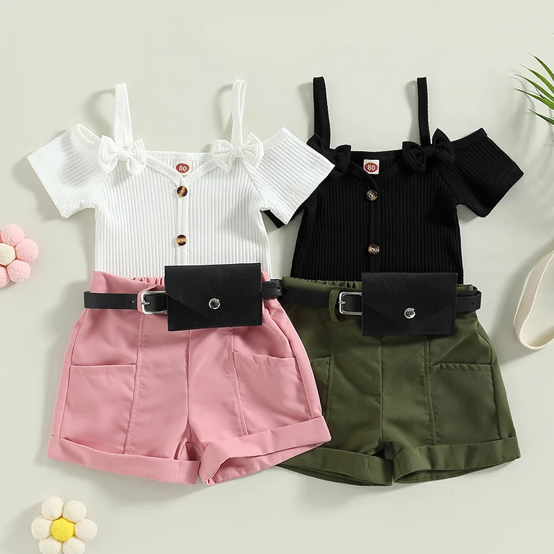 

Kids Girls Fashion Shorts Set Toddle Short Sleeve T-shirt with Rolled Hem Shorts Waist Bag Summer Three Piece Casual Outfit