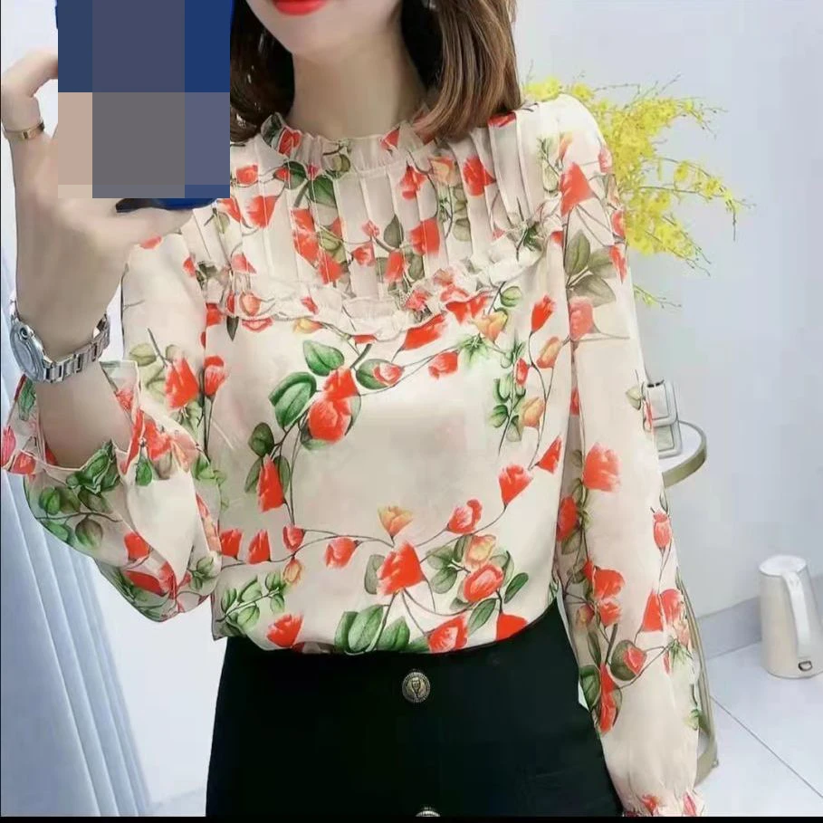 High-end printed chiffon shirt  long-sleeved top women's 2022 new bottoming shirt  small shirt  women’s tops  Streetwear