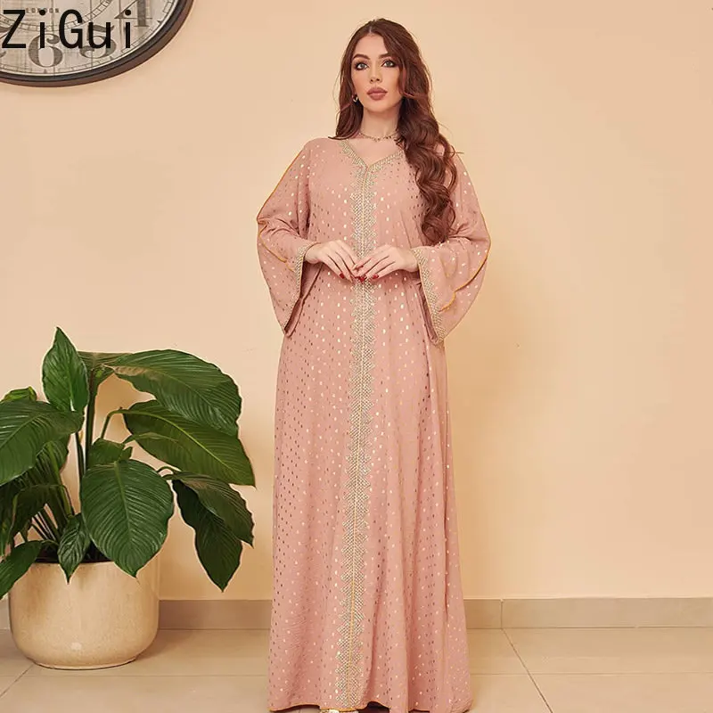 Zigui Robe Musulman Maxi Dress Long Sleeve Pink V-Neck Lace Tape Elegant Dresses Print Islamic Robes Abaya