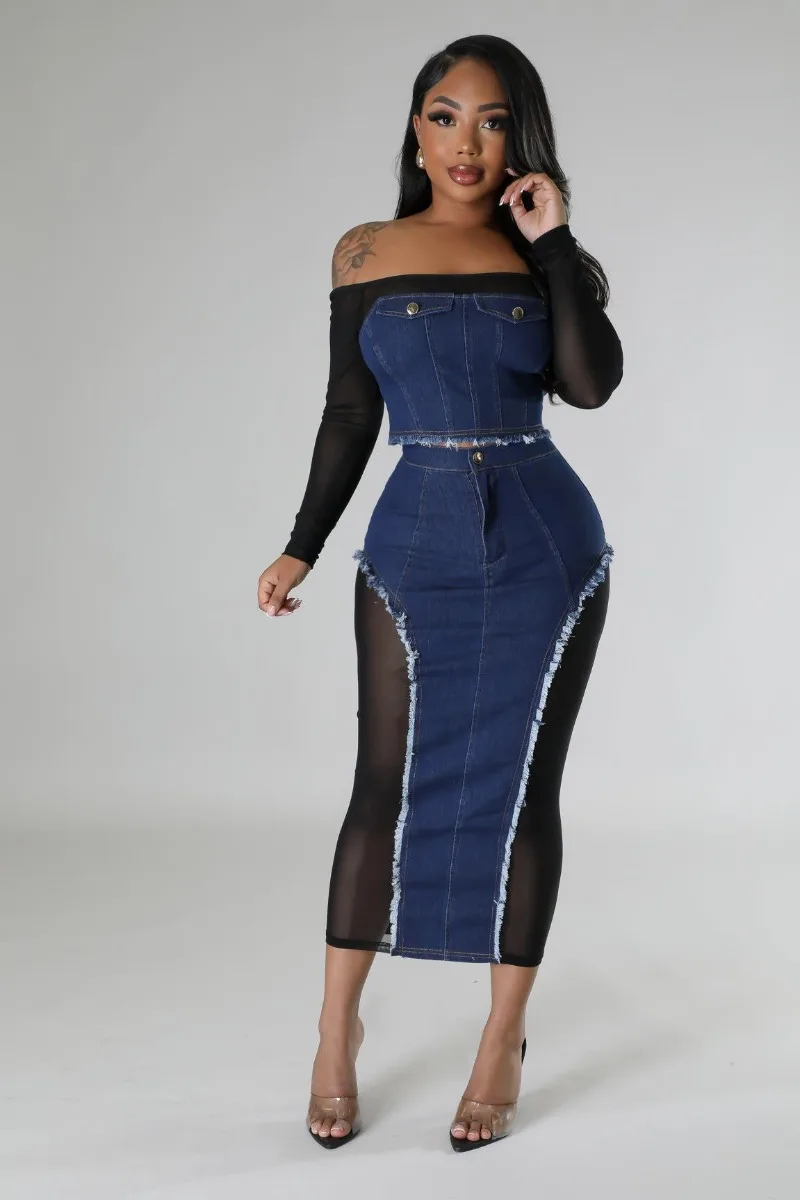 

Sheer Mesh Patchwork Jeans Two Piece Set Women Buttons Slash Neck Off Shoulder Long Sleeve Crop Top Tassel Bodycon Midi Skirts