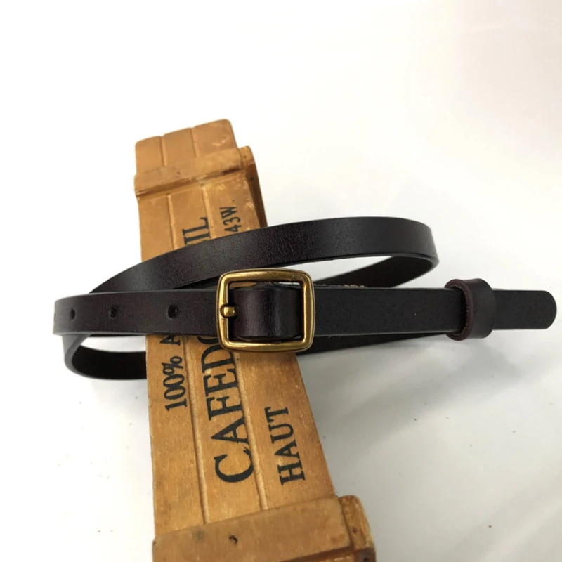 Vintage Leather Thin Belt Pure Cow Leather Belt Adjustable Women's Thin Belt Korean Decorative Casual Pants Luxury Black Belt