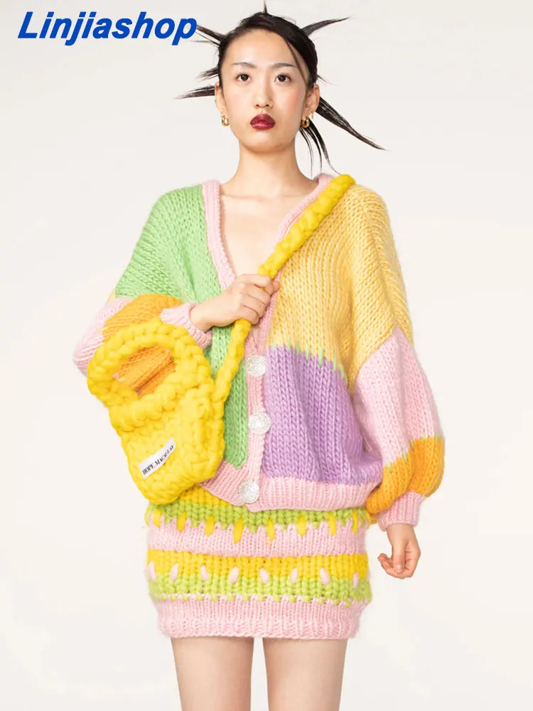 

2022 autumn new fashion casual women's retro V-neck full handmade thick line casual sweater jacket