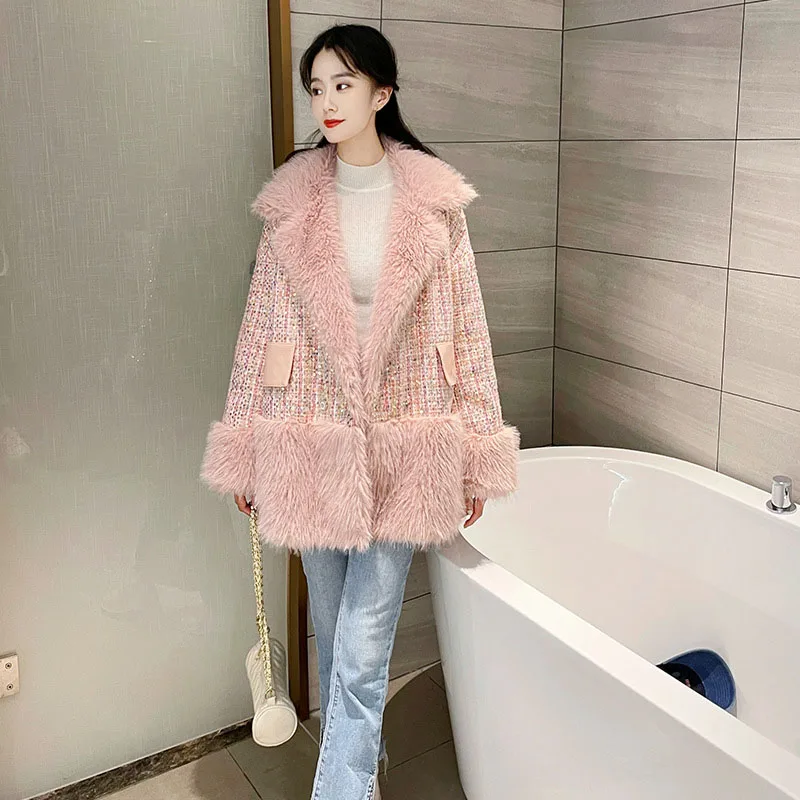 Faux Fur Coat Women 2022 Winter Patchwork Sequins Long Tweed Jackets Female Casual Elegant Loose Turn Down Collar Pink Outwear