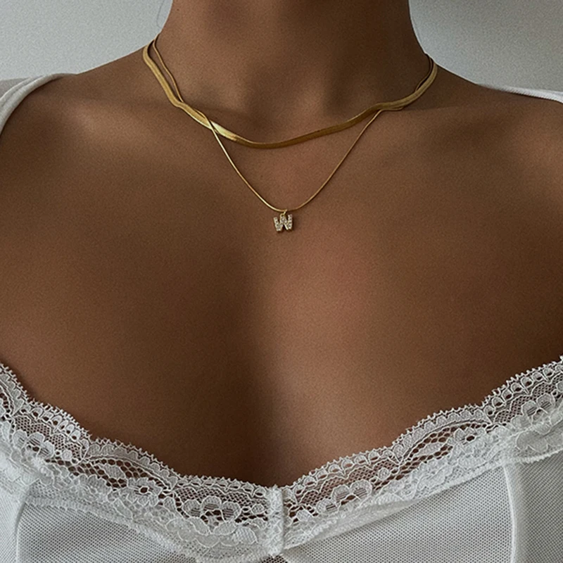 Letter Name initial Neckalce for Women Gold color Multi-layer necklace Stainless Steel Snake chain Woman Pendant Trendy Fashion