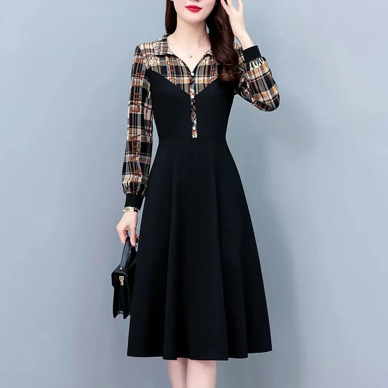 

2023 Spring and Autumn New Checked Contrast Color Patchwork Fashionable and Foreign Look Slimming Long-Sleeved Dress