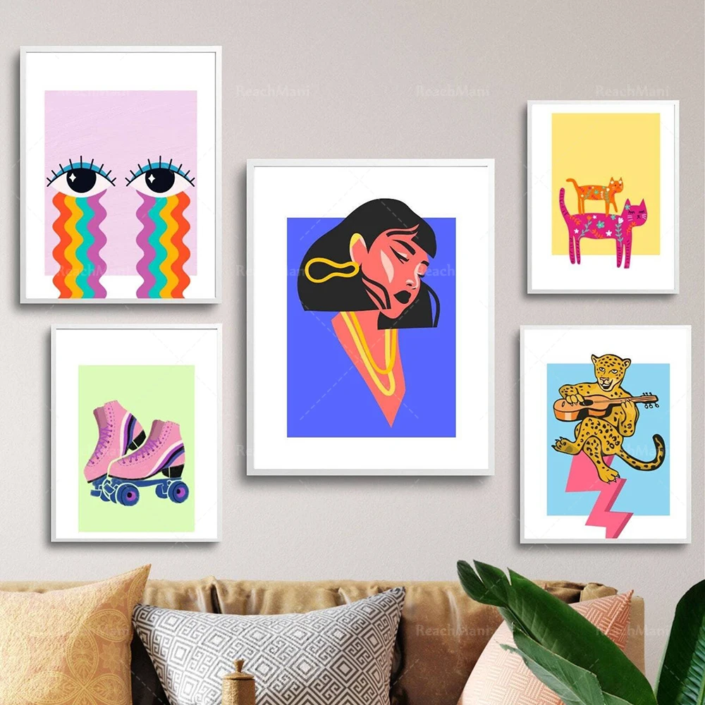 Vibrant colorful Groovy aesthetic poster, neon rainbow cat leopard, rainbow bus, vinyl record player, eclectic ethnic girl