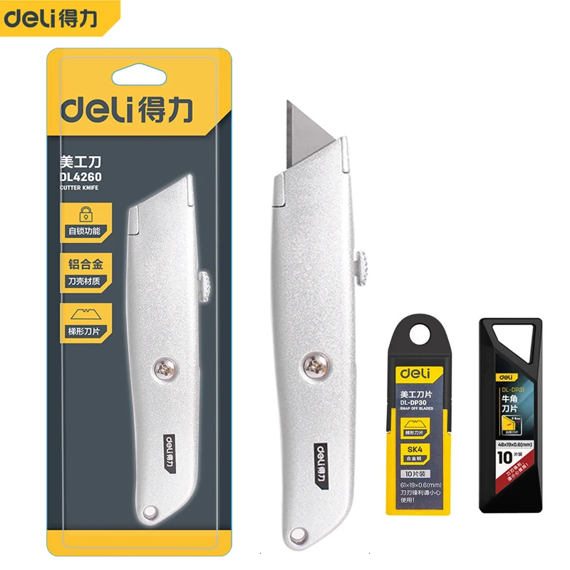 

Deli Retractable Pocket Knife нож Unboxing Cutter Heavy Duty Utility Knife Stationery Couteau SK5 Blade Openeardboard Carton Box