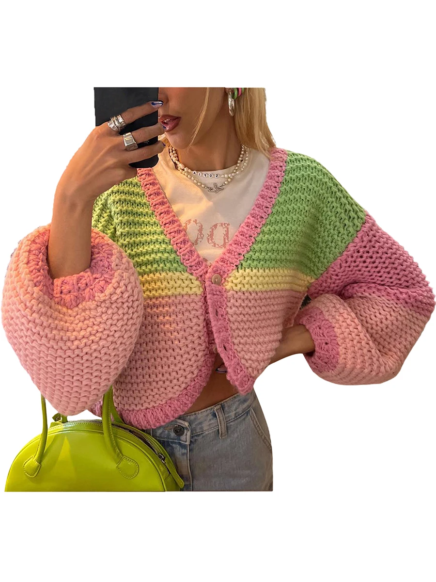 

Women Short Cardigan V Neck Long Puff Sleeve Button-Up Sweater Jacket