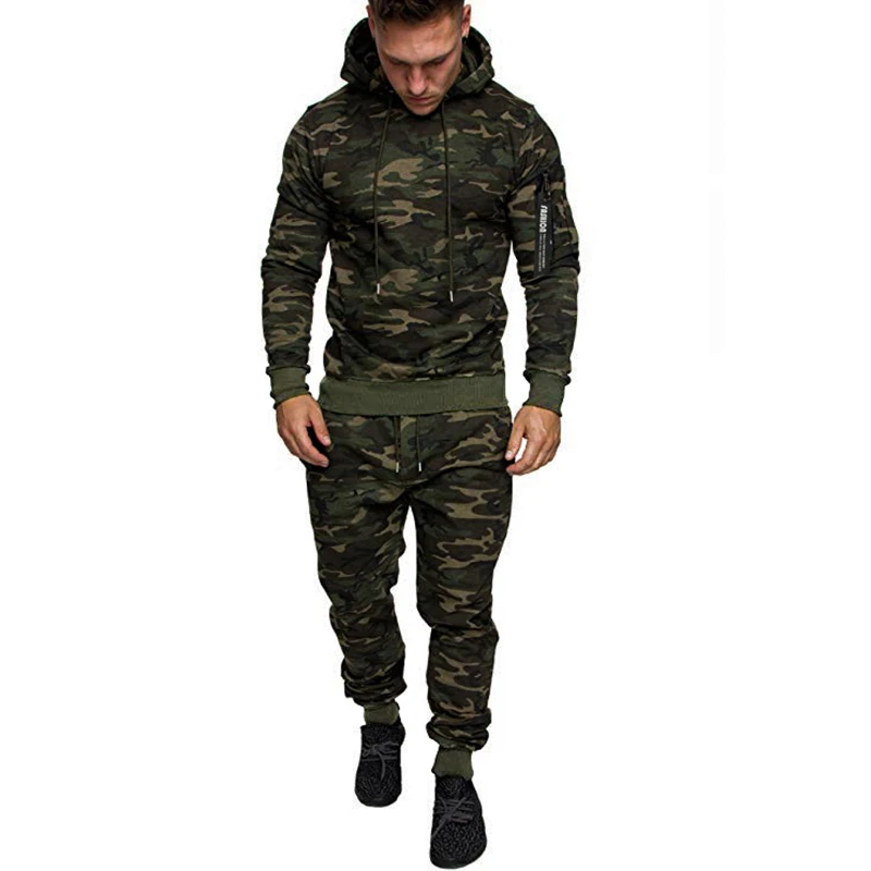 Men Sport Hooded Sweatshirt 2 Pieces Sets Spring Autumn Camouflage Print Street Style Sportswear Male