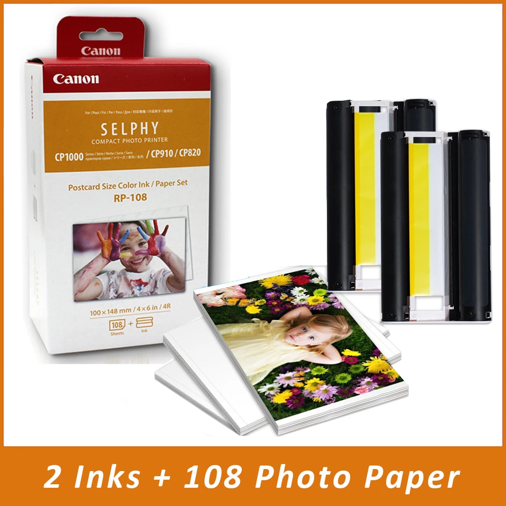 RP-108 Photo Paper 100*148mm(6inch) sheets add 2 Ink Cartridge for Canon Selphy Printer CP800 CP910 CP1200 CP1300