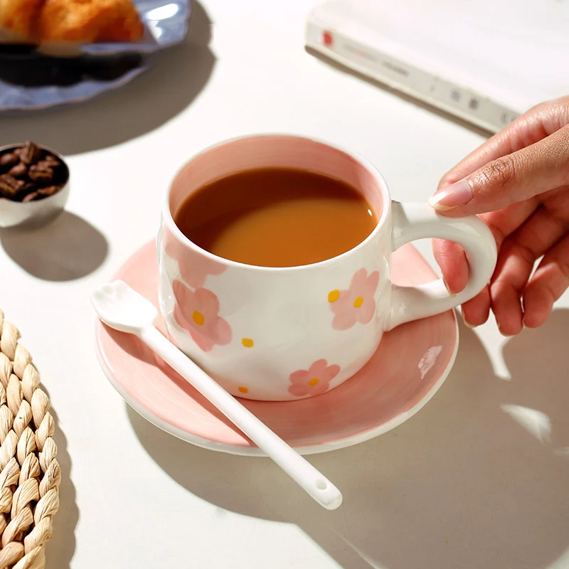 

250ML Handmade Ceramic Coffee Cup And Saucer Set Flower Painted Reusable Afternoon Tea Milk Mug With Handle Restaurant Drinkware