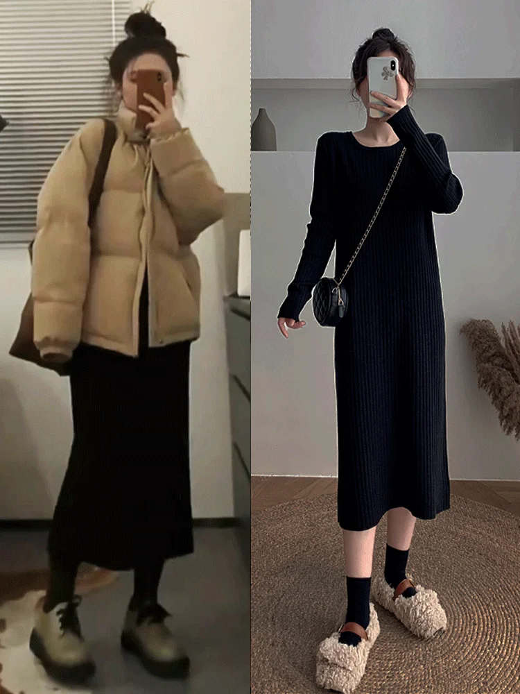 Осенне-зимнее новое маленькое трикотажное платье с длинными рукавами женское