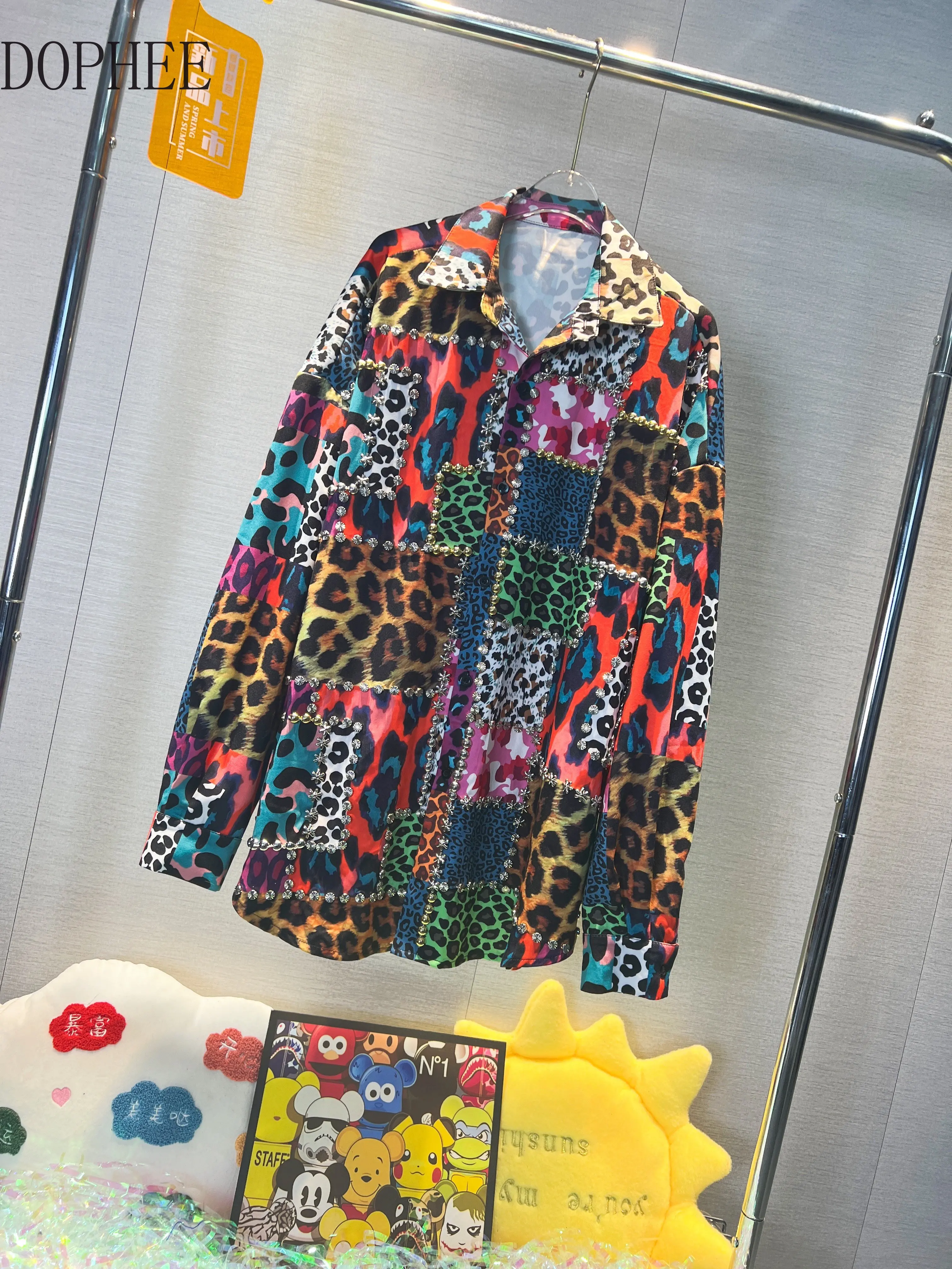 

Trendy Brand 2022 New Autumn Colorblock Leopard Print Women Shirts Diamond Long Sleeve Mid-length Loose Blouses Streetwear Top