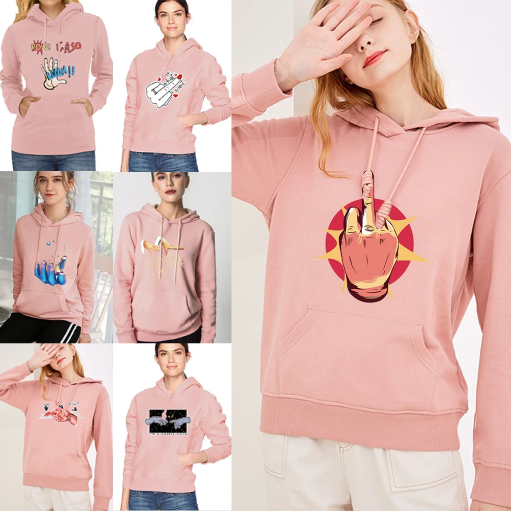 

Hoodies Women Spring Autumn Fashion Hand Prined Long Sleeve Pullovers Sweatshirt Hooded Tops Loose All-match Clothes Streetwear