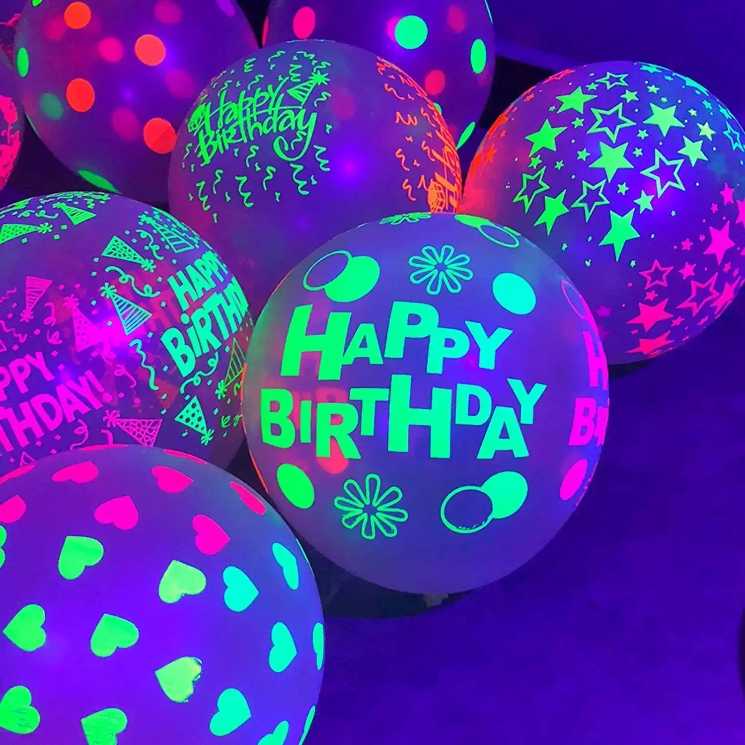 

Happy Birthday Neon Glow Balloons Glow in Blacklight Fluorescent Balloons for Neon Birthday Glow 80s 90s Theme Party Decor