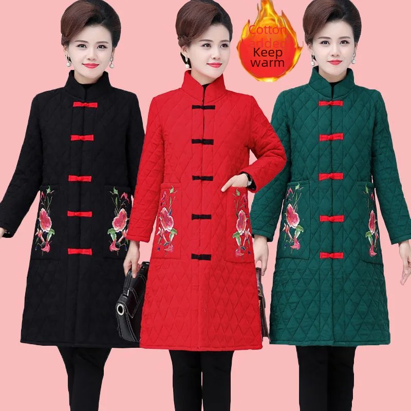 Стеганая куртка в этническом стиле Женский приталенный наряд средней длины для