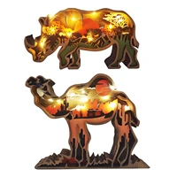 creative 3d wooden carving crafts glowing wood ornament desert camel prairie rhino shaped desktop ornament home decoration