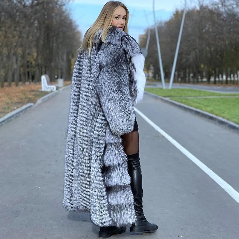 Natural Genuine Silver Fox Fur Overcoat Women Temperament Luxury Clothing Winter New Thicken Real Silver Fox fur Long Jacket