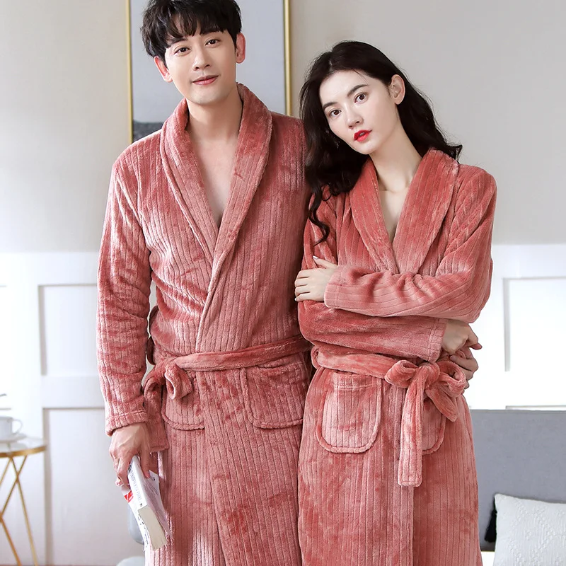 Men Winter Cozy Flannel Bathrobe Kimono Warm Coral Fleece Bath Robe Nightgown Couple Pajamas Robes Dressing Gown Women Sleepwear