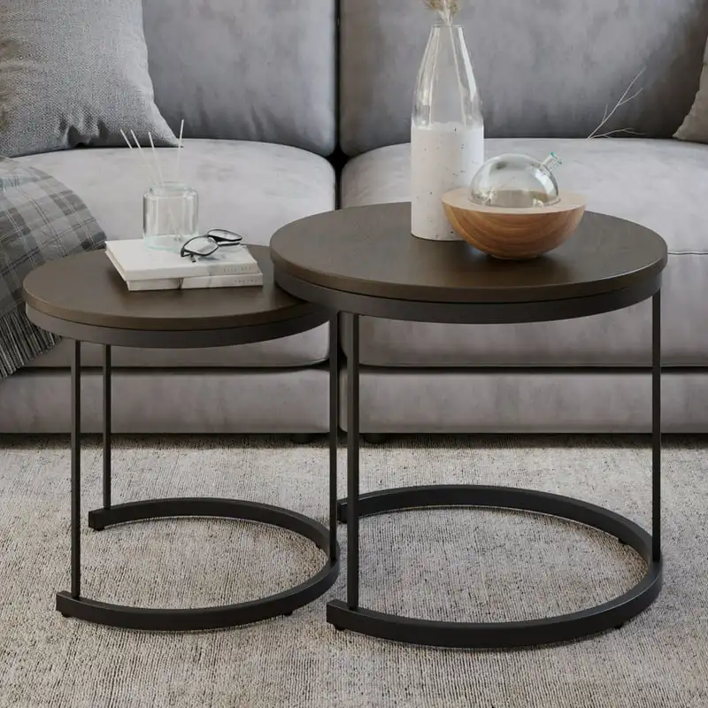 

Coffee Table Small Round Tables Nest Together, Brown, set of 2