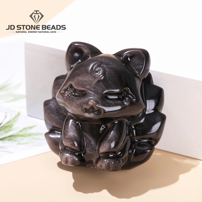 

1 Pc Natural Silver Obsidian Nine-Tailed Fox Crafts Charm Feng Shui Carving Transfer Decoration Energy Stone Desk Decoration