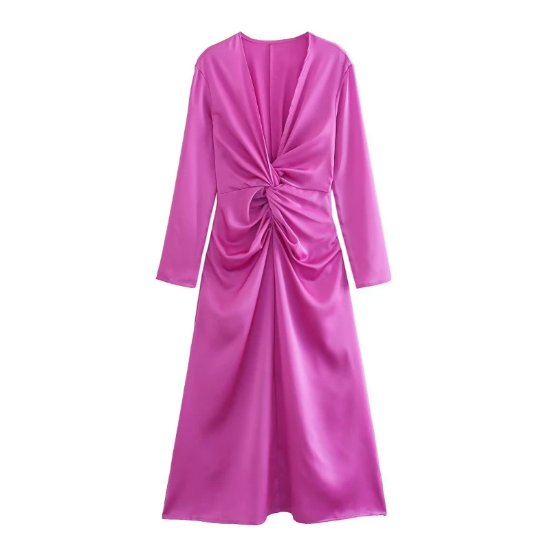 

Women 2023 New Chic Fashion Summer Satin Knot Midi Dress Vintage Long Sleeve Back Zipper Female Dresses