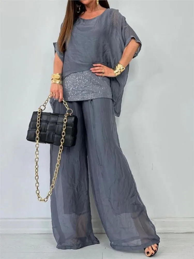 Модный шифоновый комплект с блестками из 2 предметов женский наряд 2024 свободный