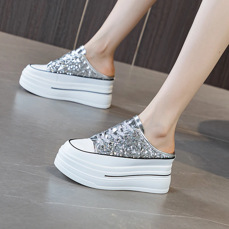 7 5 см 2024 блестящие синтетические слипоны на платформе женские туфли-лодочки в