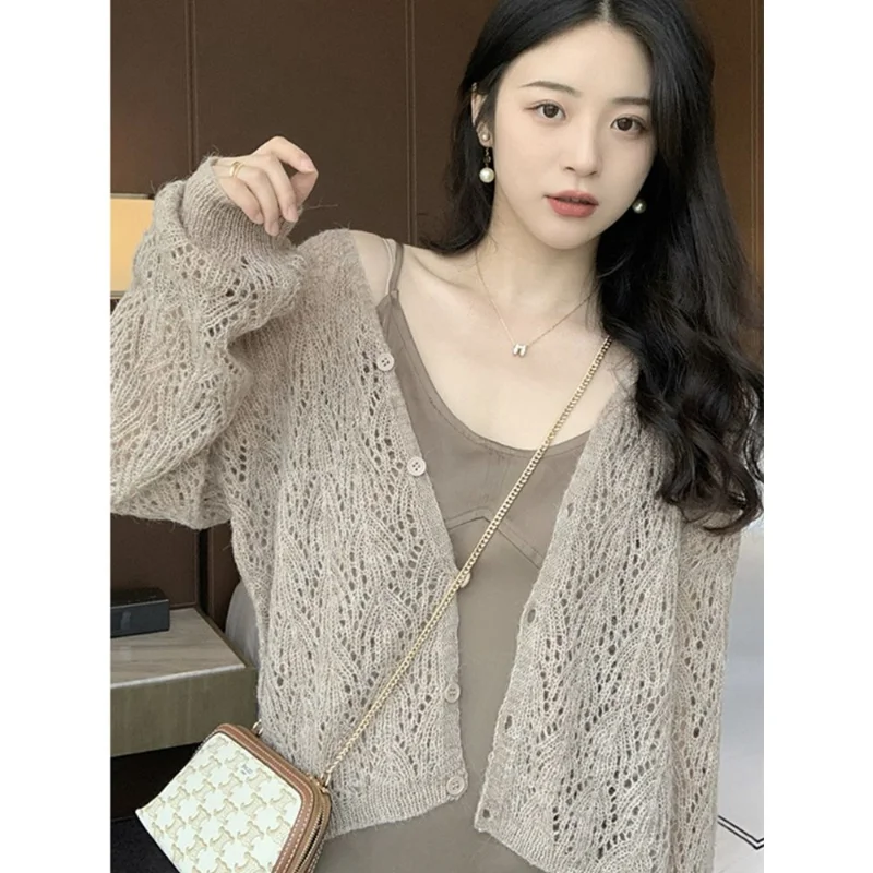 

Summer Vintage Gentle Coffee Cardigan Female 2023 Solid Knitted Cardigan Women Loose Long Sleeve Solid Cut Out Sweater Coat Tops