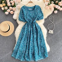 vestidos vintage floral print puff sleeve dress women 2021 summer polka dot beach sweet dresses casual slim floral long dress