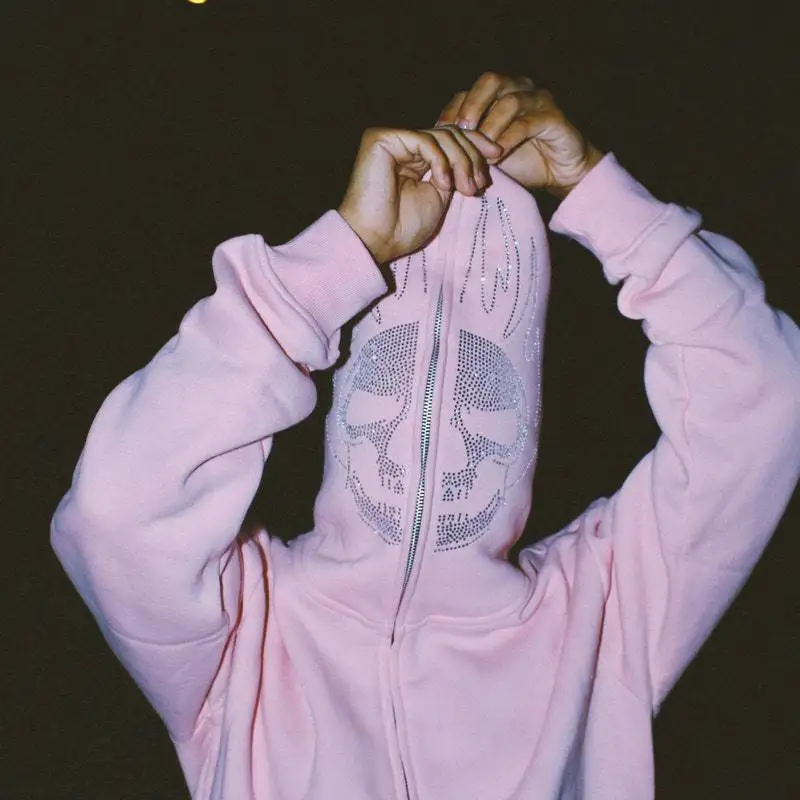 

Y2K Zip Hoodies Grunge Long Sleeve Sweatshirt Casual Hooded Jacket Streetwear Gothic Rhinestones coat harajuku clothing sweater