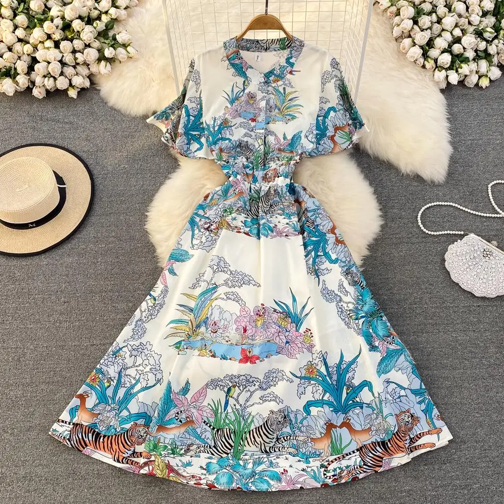 

Summer fashion catwalk style round neck ruffled waist ink painting print a-line dress elegant long dress