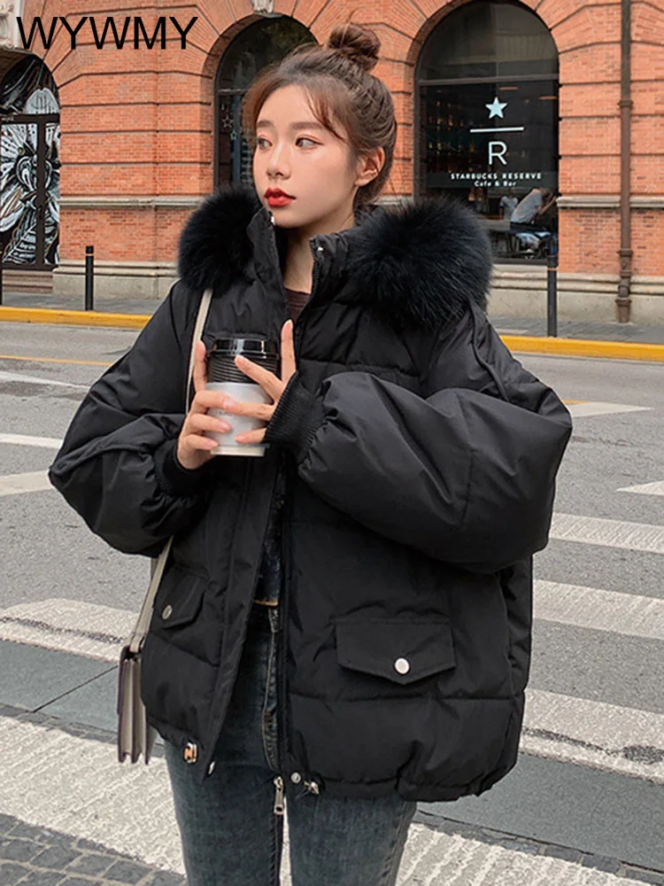 Warm Hooded Winter Jacket Women Parkas Loose Short Big Furry Collar Down Jacket Casual Winter Coats Female Solid Color Overcoats