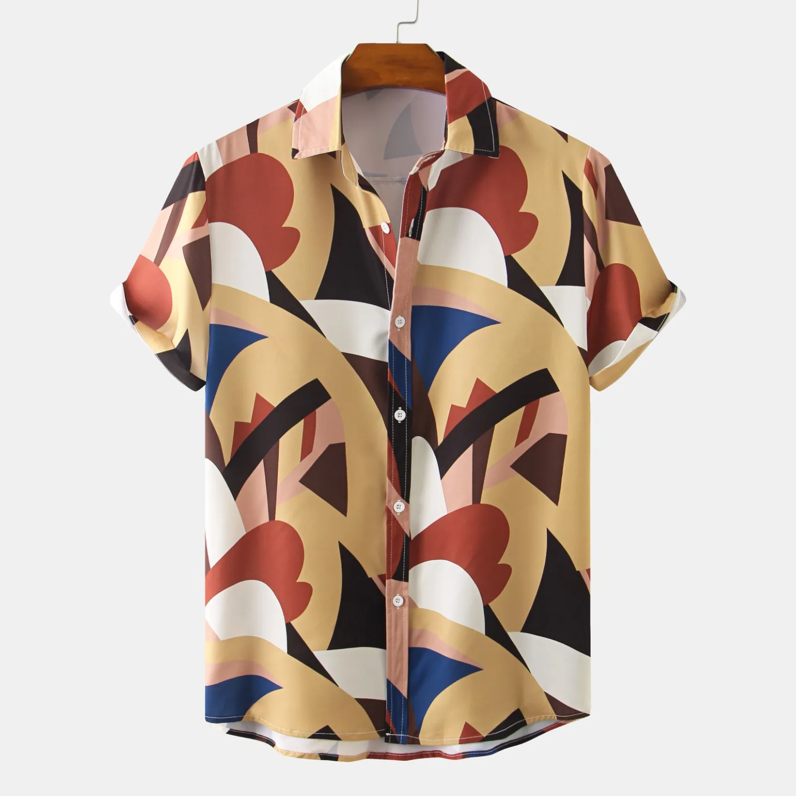 

Large White T Shirt Male Summer Casual Geometric Print Shirt Short Sleeve Turn Down Collar Shirt Tops