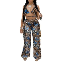 sexy two piece pants suit african women print ruffle straight pants open back wrap chest bikini beach suit summer with panties