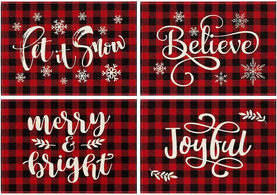 

Christmas Saying Buffalo Check Plaid Placemat for Dining Table 12x18 Inch Winter Holiday Rustic Washable Table Mat Set of 4
